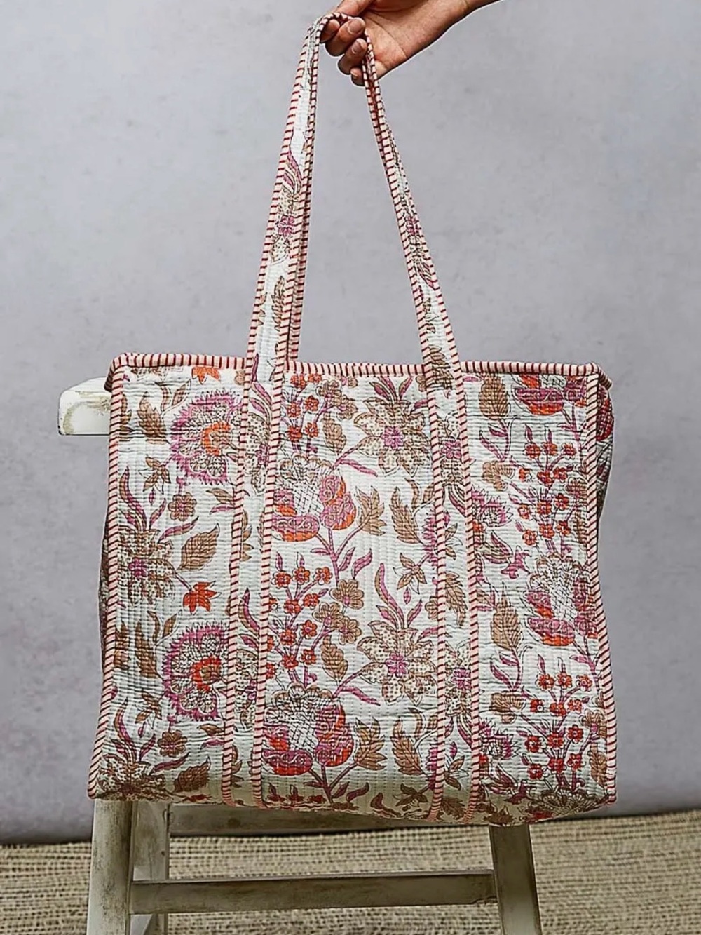 POL pink beige Kantha quilted patchwork cotton embroidered Large boho tote bag